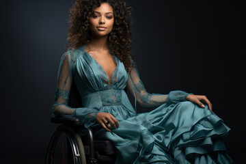 Wall Mural - A woman dressed in a beautiful long dress poses in a wheelchair. The concept of breaking barriers and disability, fashion and beauty. Generative Ai.