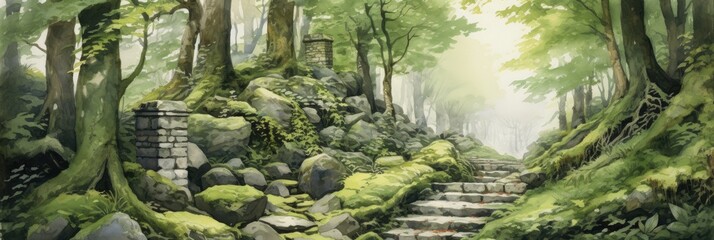 Wall Mural - illustration of forest with winding stone path stairs, stone architecture, moss, generative AI