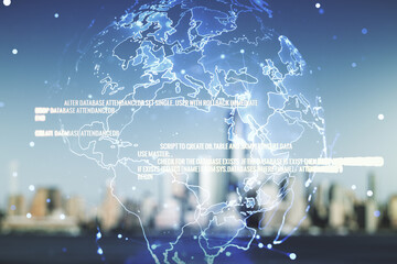 Multi exposure of abstract graphic coding sketch and world map on blurry skyscrapers background, big data and networking concept