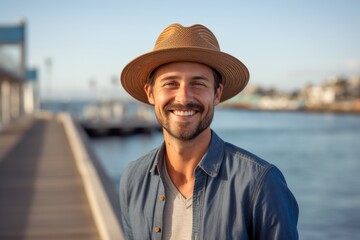 Wall Mural - Portrait of a handsome man smiling while standing on a pier at sunset