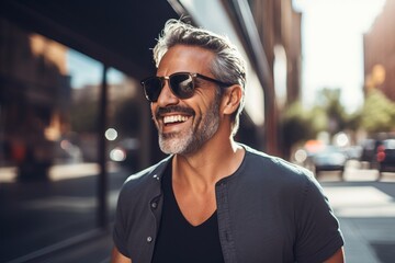 Wall Mural - Handsome middle-aged man in sunglasses smiling and looking at camera while standing outdoors