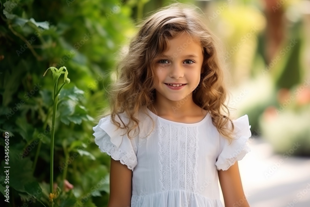 Portrait of beautiful little girl with curly hair in white dress ...