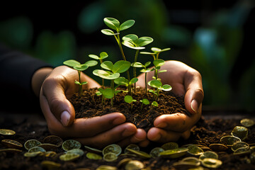 plant sprouts in hands on the background of gold coins