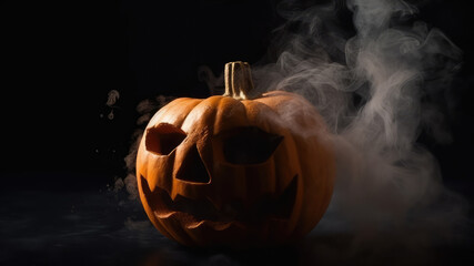 Halloween pumpkins with neon glowing eyes and witches hat, isolated on dark toned smoke foggy background. Scary Jack-o-lantern halloween pumpkin. Generative AI