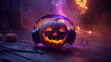 Wall Mural - Halloween pumpkins with neon glowing eyes, wearing headphone and witches hat, isolated on dark toned smoke foggy background. Scary Jack-o-lantern halloween pumpkin. Generative AI