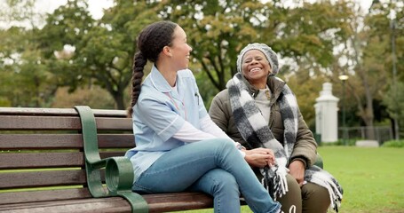 Poster - Nurse, retirement and park with old woman in a wheelchair for happy, elderly care and physical therapy. Trust, medical and healthcare with senior patient and caregiver in nature for rehabilitation