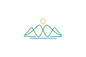 Wall Mural - Mountain linear logo design with sun and lake combination