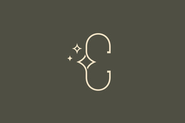 Wall Mural - Letter C line art logo vector illustration with sparkling stars