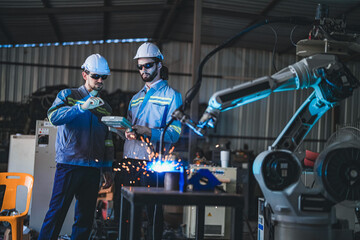 factory engineers using smart control to control the arm robot machine for cutting the metal sheet. specialist Worker working at height technology industry for produce the electronic part device.