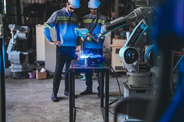 factory engineers using smart control to control the arm robot machine for cutting the metal sheet. specialist Worker working at height technology industry for produce the electronic part device.