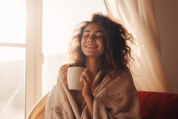 Wall Mural - Generative AI : Happy young woman drinking a cup of tea in an autumn morning.