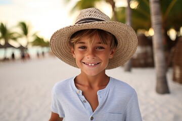 Wall Mural - Portrait of a cute little boy wearing straw hat on tropical beach