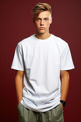 Young man wearing bella canvas white shirt mockup, at red background. Design tshirt template, print presentation mock-up