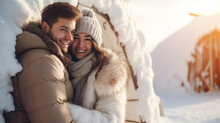 Winter Adventure Honeymoon: Happy Newly Married Couple Enjoying Romance In Front Of A Cozy Cabin - Generative AI