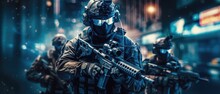 Special Forces Soldier Polices Group With High Technology Gun And Weapon Working In Night City, Generative AI
