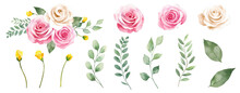 Set Watercolor Elements Of Roses Collection Garden Yellow, Burgundy Flowers, Leaves, Branches, Botanic Vector Illustration Isolated On White Background.