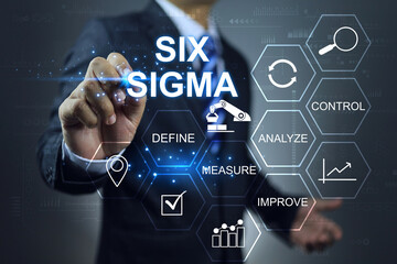 Six sigma define measure analyze improve control DMAIC Industrial innovation technology quality control concept. Business man pointing 6sigma to control products quality industries production process