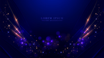 Wall Mural - Blue luxury background with golden lines, sparkle glowing dots effect and bokeh element. Elegant style vector design
