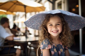 Wall Mural - Portrait of a smiling little girl with umbrella in a cafe.