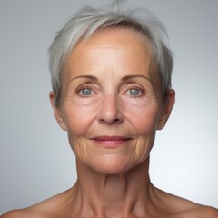 Wall Mural - a closeup photo portrait of a beautiful elderly senior old mature female model woman grey hair laughing and smiling. morning skin care routine cosmetics. isolated on white background. Generative AI