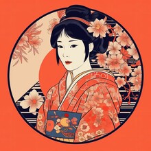 Pretty Japanese Wearing Kimono Vector Design For T Shirt. Generative AI