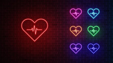 Heartbeat Neon Icon Set. Glowing Heart With Pulse Sign. Vector Illustration