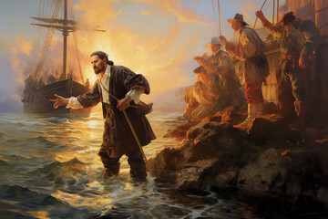 Illustration of a european explorer reaching landfall in new world country. 