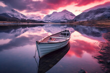 A Small White Wooden Boat On A Lake. The Lake Is Calm And The Boat Is Reflected In The Water. The Background Consists Of Snow-covered Mountains And A Pink And Purple Sky