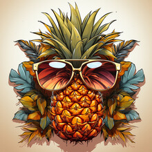 Pop Art The Image Of A Pineapple With A Glasses. Summer T-shirt