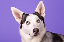 A Striking Image Of A Siberian Husky With Blue Eyes And Black-and-white Coat Looking Confused, Set Against A Solid Lilac Background.