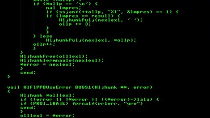 An obfuscated source code text (computer program instructions), scrolling down like it's studied. Clean view, green characters on a black background.