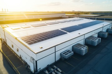 Wall Mural - Saving on electricity. Solar panels on the roof of a warehouse. Solar panels installed on a roof of a large industrial building or a warehouse. Industrial buildings in the background.