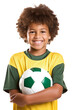latin brazilian kid holding a football soccer ball, hispanic boy smiling isolated on a white background, transparent png