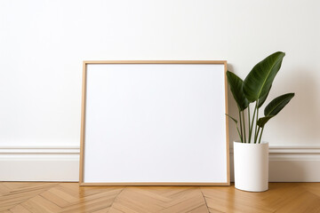 Poster - A white blank frame with a potted plant on the floor next to a white wall, Generative AI