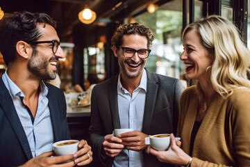 Wall Mural - happy casual business people talking at work break, business people having fun in coffee shop