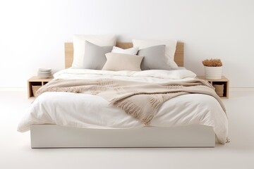 White double bed with linen and storage on white background