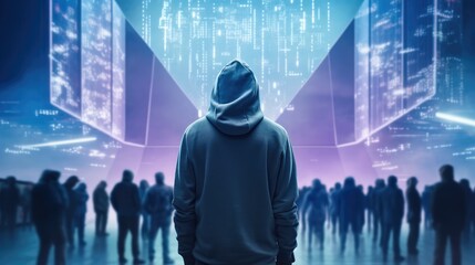 Wall Mural - rear view, hacker stands amidst a hazy metaverse, information security terms cybersecurity concept, 