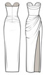 Silk draped bustier High Slit Gown technical fashion illustration. couture dress design template illustration. front and back view. white colour. CAD mockup.