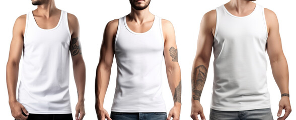 Wall Mural - Man wearing white tank top shirt. blank tank top shirt for design mock up isolated on transparent background.