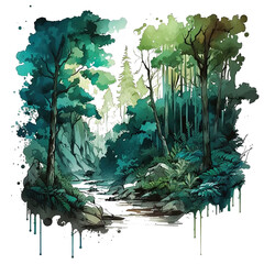 Wall Mural - Watercolour Forest Landscape Scenery