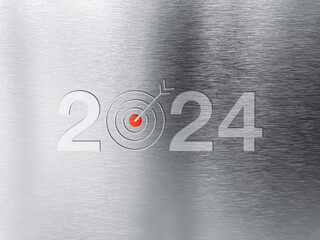 Wall Mural - Happy new year 2024 banner background. 2024 numbers year with target dart icon on shiny silver brushed stainless steel plate or aluminium background. aluminium banner. Business goals concepts.