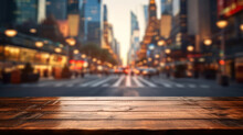 Empty Wooden Table Top With Blur Background Of A Street 