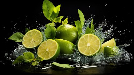 Lime fruit slice, leaves and green juice splash. Flying mint foliage on a black background