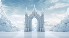 Magical Portal On Winter Landscape, Fairy Tale Background With Ice Crystal Door, Mirror Or Gate With Fantasy Castle, Snowy Landscape With Glowing Entrance On Rock Under Cloudy Gray Sky
