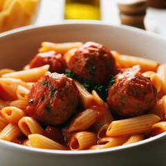 Wall Mural - Penne pasta with meatballs in tomato sauce in a white bowl