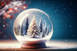 Glass snow globe with Christmas tree. Christmas festive background. Winter snowy shiny backdrop. Generative AI .	