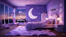 Pink Purple Room For A Girl With A Large Bed, A Fluffy Carpet, A Floor Lamp Light In The Evening And A Panoramic Window 3d Illustration