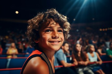 Wall Mural - Portrait of a smiling boy in boxing ring at the arena.