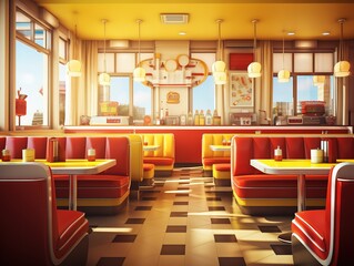 Retro cafe, american diner interior with tables, yellow sofas