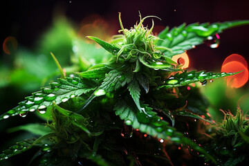 Aufkleber - A macro image of cannabis leaves with visible trichomes and bright green hues. Painted  Generative AI technology.